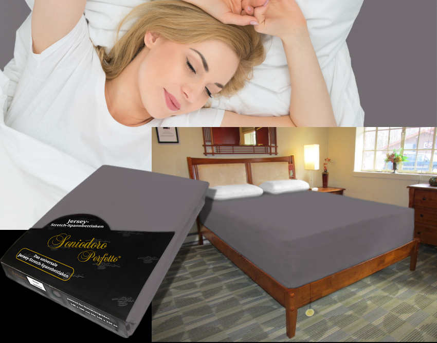 Collage: deep mattress dressed in graphite jersey stretch sheet, sleeping person, retail packaging — color 48-graphite.
