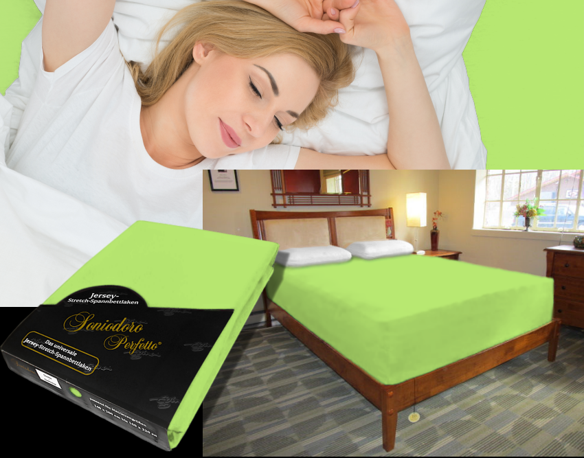 Collage: deep mattress dressed in neon apple-green jersey stretch sheet, sleeping person, retail packaging — color 68-green apple.