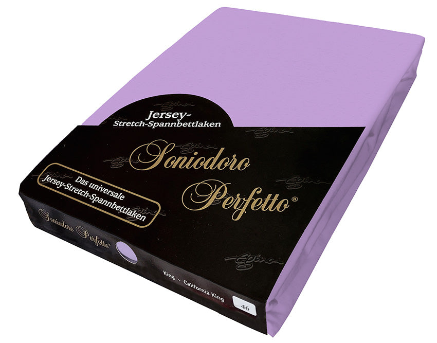 EGINO Lilac jersey-knit stretch sheet in original German packaging. A 96/4 wellness essential that is absolutely gorgeous, blending intuition with playful charm for a fresh, spring-like bedroom aesthetic.