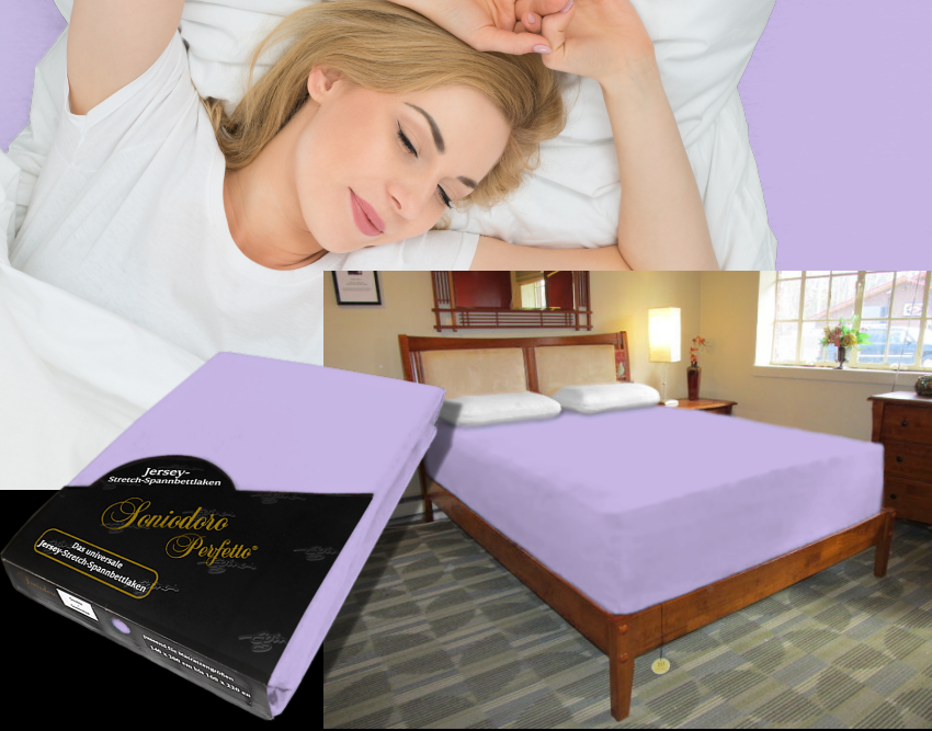 Collage: deep mattress dressed in lilac jersey stretch sheet, sleeping person, retail packaging — color 46-lilac.