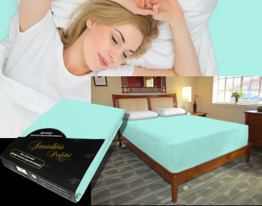 Collage: deep mattress dressed in mint-green jersey stretch sheet, sleeping person, retail packaging — color 33-mint.