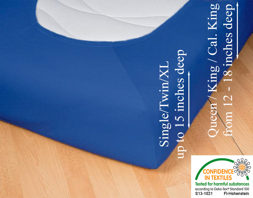 Fitted jersey knit stretch sheet in color 41-ocean-blue, underside showing characteristic oval bottom-hugging mattress, deep pocket up to 18 in, OEKO-TEX certified – Egino.