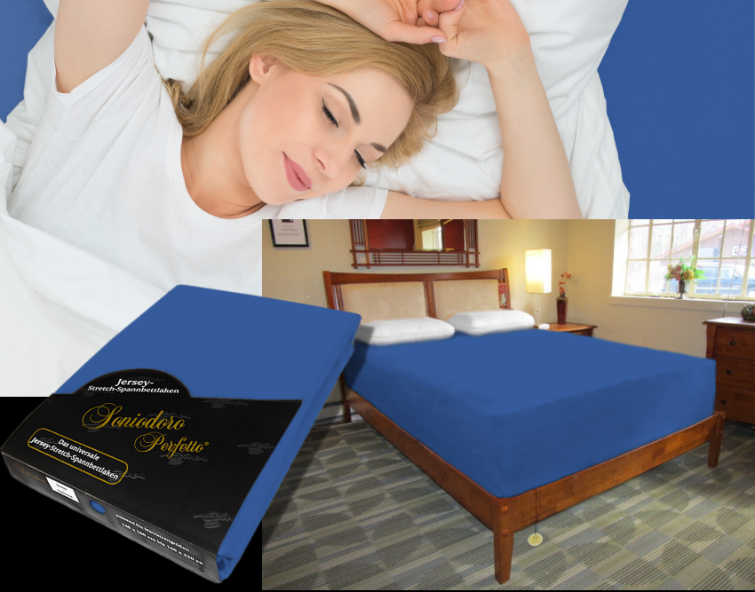 Collage: deep mattress dressed in ocean-blue jersey stretch sheet, sleeping person, retail packaging — color 41-ocean-blue.