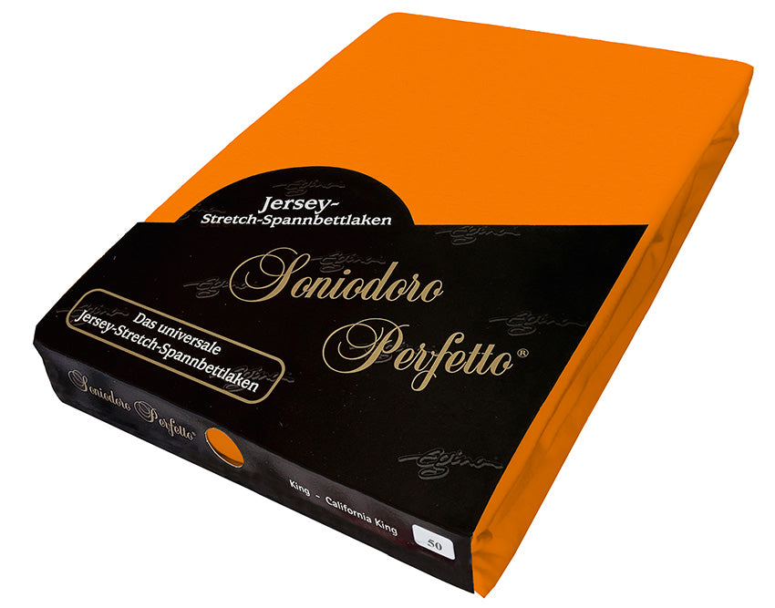 EGINO Orange jersey stretch sheet in original German packaging. A 96/4 ergonomic sleep essential in the color of the 'good life' that sparks vitality, courage, and flair, flooding your bedroom with energy and exotic optimism.