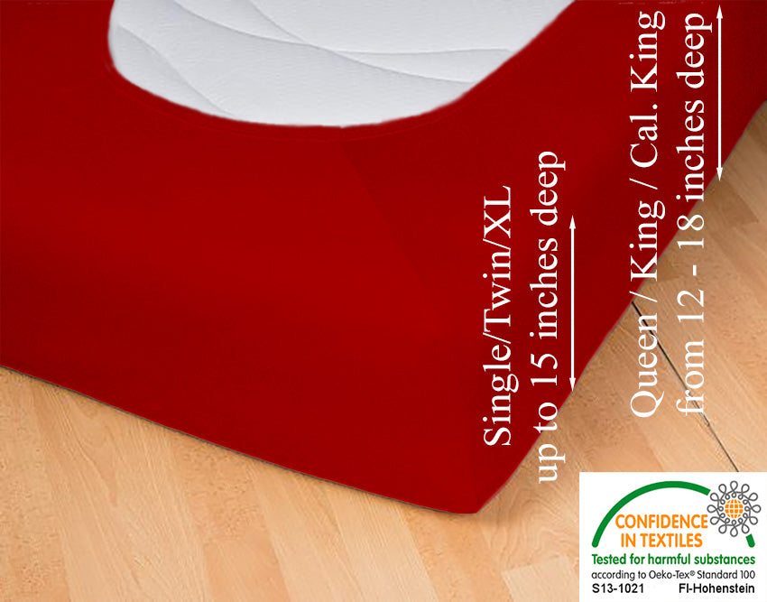 Fitted jersey knit stretch sheet in color 37-red, underside showing characteristic oval bottom-hugging mattress, deep pocket up to 18 in, OEKO-TEX certified – Egino.