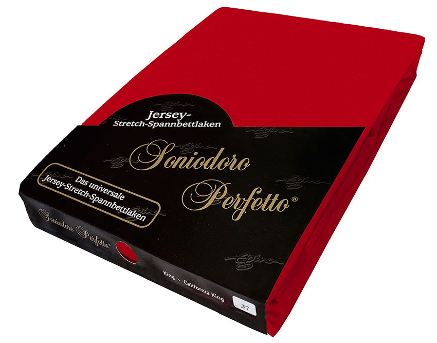 EGINO Red jersey-knit stretch sheet in original German packaging. A high-performance 96/4 wellness essential that bursts with confidence, vitality, and passion for an energetic and bold bedroom aesthetic.