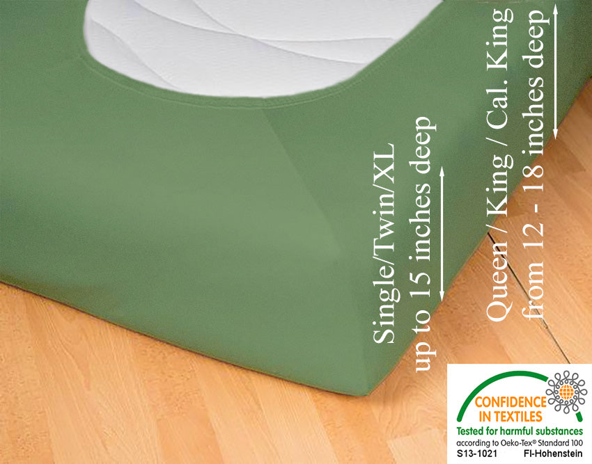 Fitted jersey knit stretch sheet in color 30-sage, underside showing characteristic oval bottom-hugging mattress, deep pocket up to 18 in, OEKO-TEX certified – Egino.