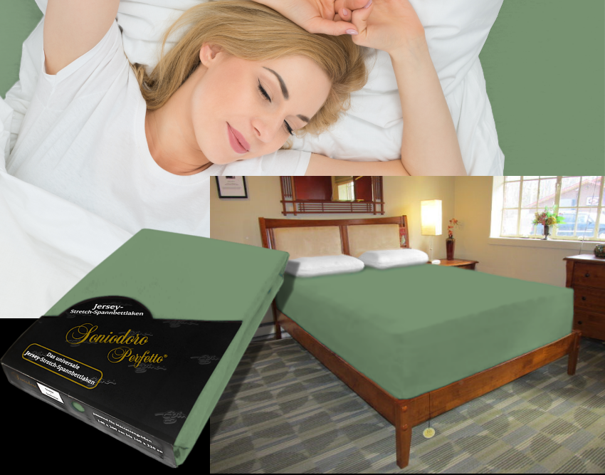 Collage: deep mattress dressed in sage jersey stretch sheet, sleeping person, retail packaging — color 30-sage.