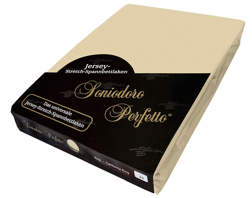 EGINO sand jersey-knit stretch sheet in original German packaging. A high-performance 96/4 wellness essential in a warm, sophisticated neutral that has replaced cold silver and grey as the most popular choice for modern interior design.