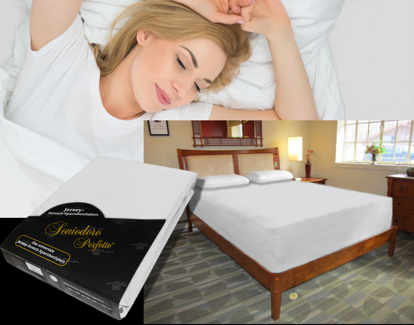Collage: deep mattress dressed in silver jersey stretch sheet, sleeping person, retail packaging — color 29-silver.