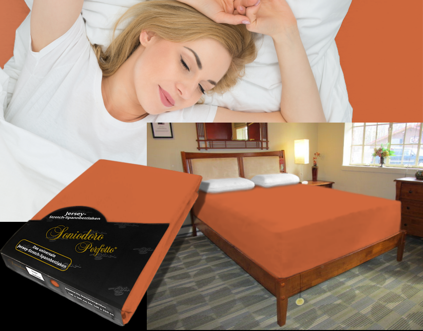 Collage: deep mattress dressed in terracotta jersey stretch sheet, sleeping person, retail packaging — color 52-terracotta.