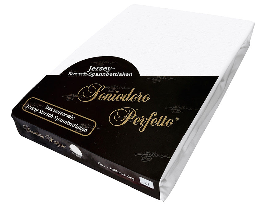 EGINO White jersey stretch sheet in original German packaging. A sophisticated, ergonomic sleep essential featuring a high-performance 96/4 blend for a timeless and versatile bedroom look.