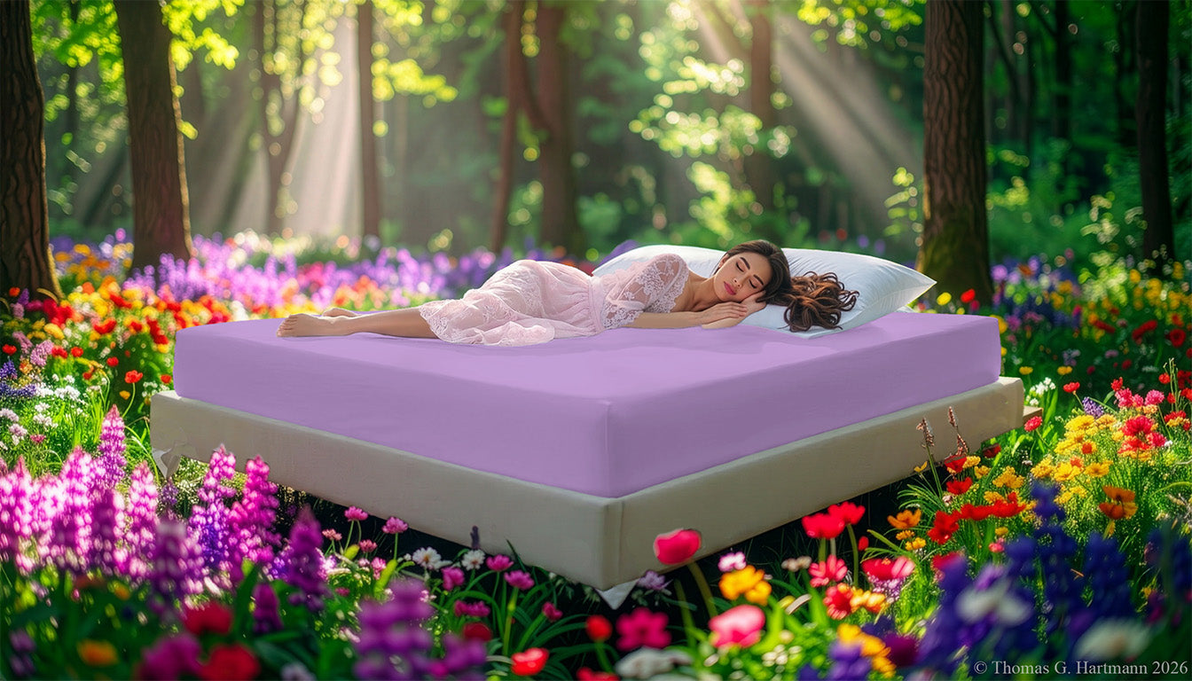 Fitted Jersey Knit stretch sheets in lilac with a woman relaxing on the mattress in a European wellness recreational park area, surrounded by vibrant spring wildflowers.