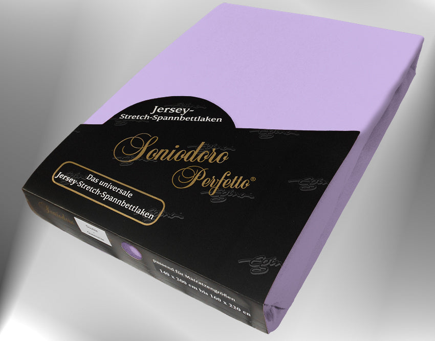 EGINO lilac jersey knit stretch sheet (46-Lilac) in retail packaging, under dim light