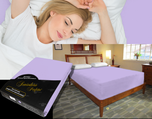 Person sleeping undisturbed on deep adjustable bed with Egino Jersey knit stretch sheet in color 46-lilac