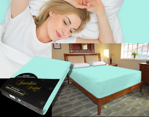 Person sleeping undisturbed on deep adjustable bed with Egino Jersey knit stretch sheet in color 33-mint