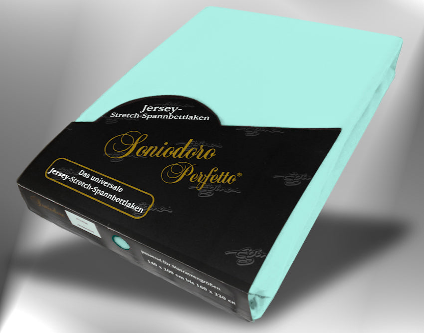 EGINO mint jersey knit stretch sheet (33-Mint) in retail packaging, under dim light
