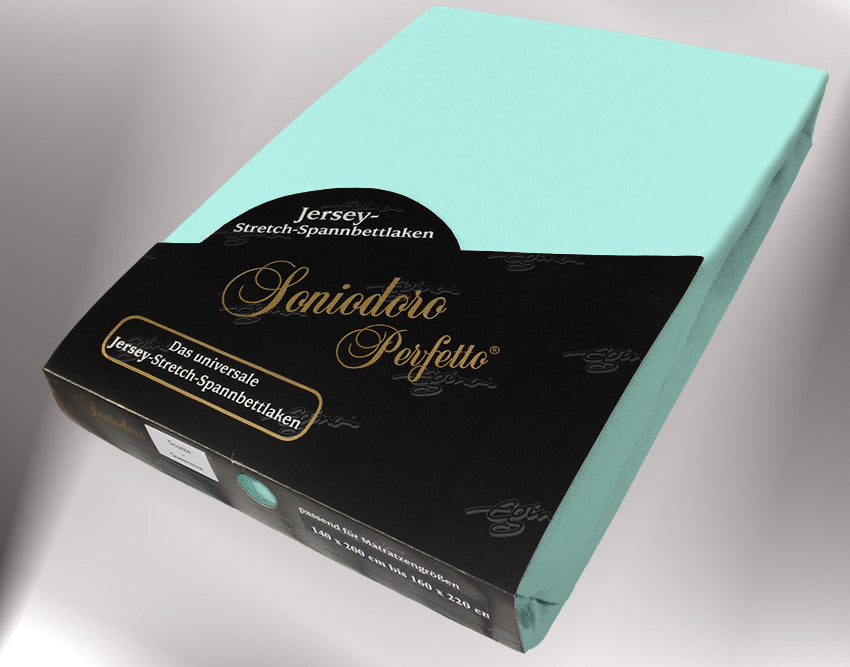 EGINO mint jersey knit stretch sheet (33-Mint) in retail packaging, under dim light