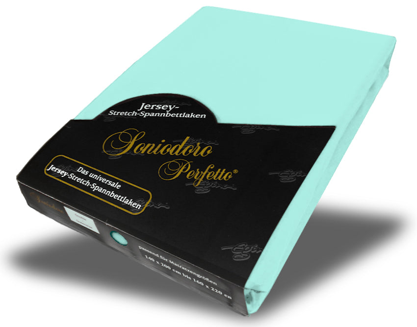 EGINO mint jersey knit stretch sheet (33-Mint) in retail packaging, on white background
