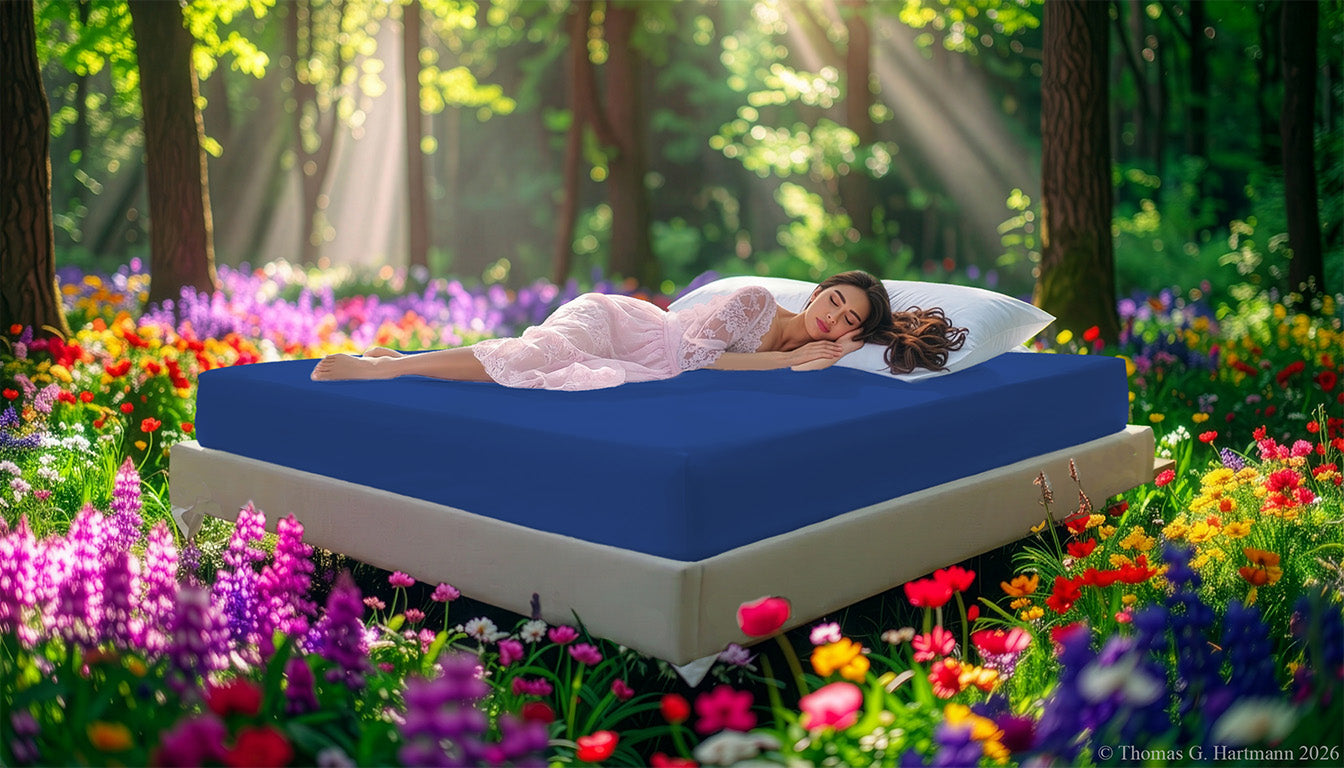 Fitted Jersey Knit stretch sheets in ocean-blue with a woman relaxing on the mattress in a European wellness recreational park area, surrounded by vibrant spring wildflowers.