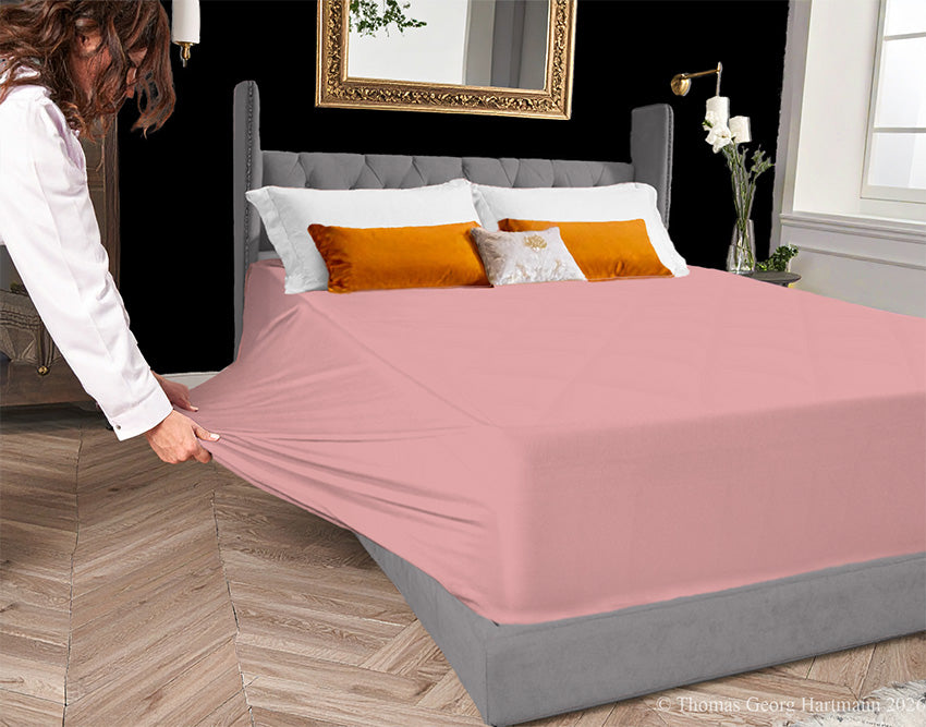 Old Rose 96/4 jersey-knit sheet on a deep mattress—pulling the sidewall over a foot outward. This abundant stretch ensures an effortless change. Flatters every palette, from crisp white to charcoal or black décor.