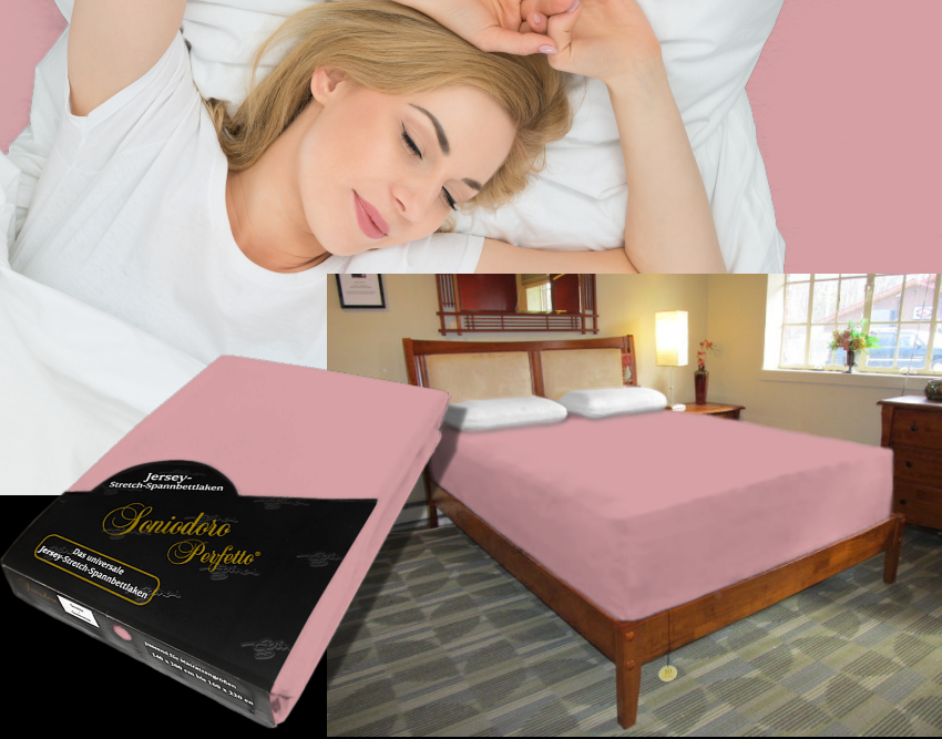 Collage: deep mattress dressed in dark-pink / old rose jersey stretch sheet, sleeping person, retail packaging — color 35-old rose
