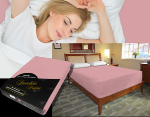 Person sleeping undisturbed on deep adjustable bed with Egino Jersey knit stretch sheet in color 35-old-rose