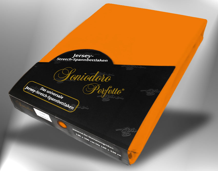 EGINO orange jersey knit stretch sheet (50-Orange) in retail packaging, under dim light
