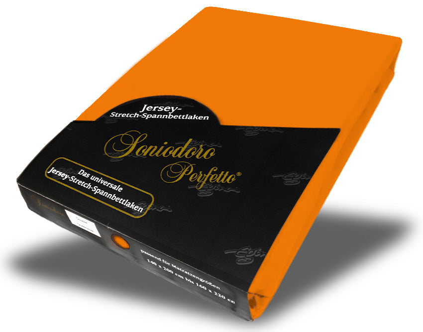 EGINO orange jersey knit stretch sheet (50-Orange) in retail packaging, on white background
