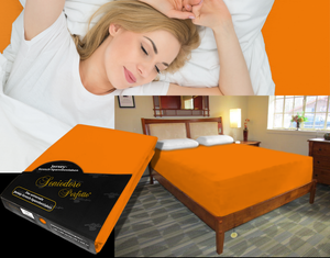Person sleeping undisturbed on deep adjustable bed with Egino Jersey knit stretch sheet in color 50-orange