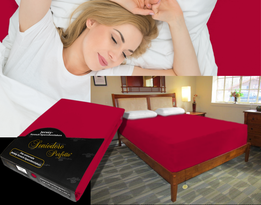 Collage: deep mattress dressed in red jersey stretch sheet, sleeping person, retail packaging — color 37-red

