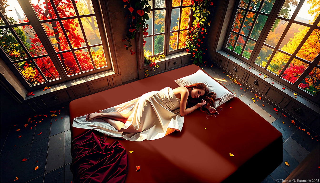 Redwood jersey-knit stretch fitted sheet on an extra-deep mattress — Celtic woman sleeps in an Irish castle aglow with fiery autumn light.