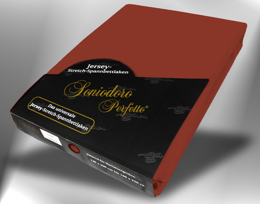 EGINO redwood jersey knit stretch sheet (55-Redwood) in retail packaging, under dim light