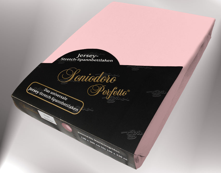 EGINO rosé jersey knit stretch sheet (34-rosé) in retail packaging, under dim light