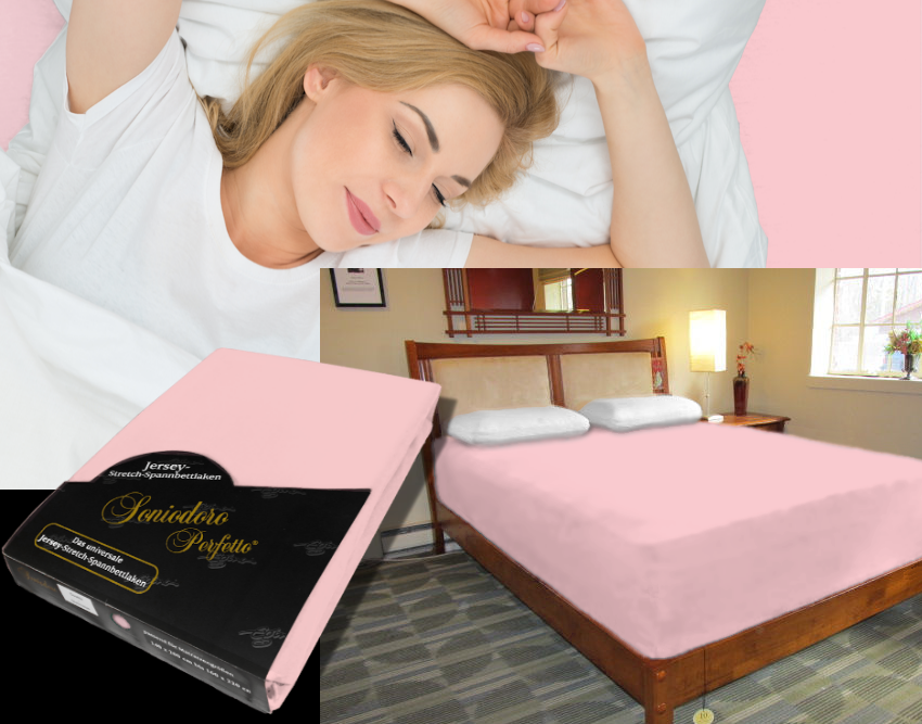 Collage: deep mattress dressed in light-pink / rosé jersey stretch sheet, sleeping person, retail packaging — color 34-rosé