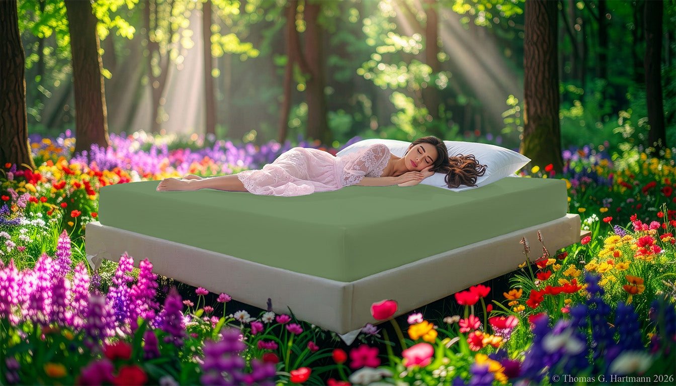 Fitted Jersey Knit stretch sheets in sage color with a woman relaxing on the mattress in a European wellness recreational park area, surrounded by vibrant spring wildflowers.