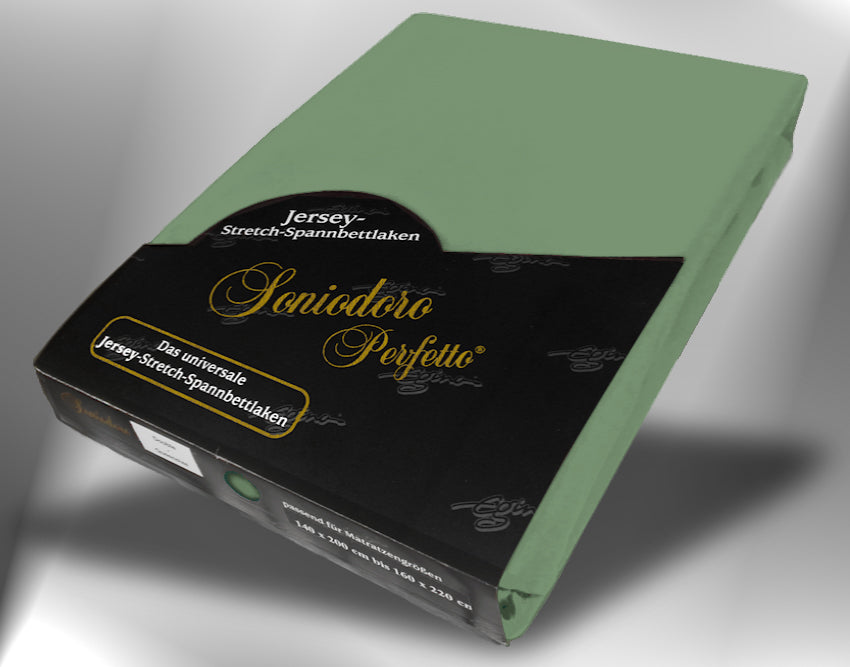 EGINO sage jersey knit stretch sheet (30-Sage) in retail packaging, under dim light
