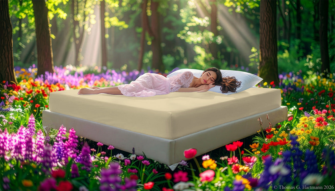 Fitted Jersey Knit stretch sheets in sand color with a woman relaxing on the mattress in a European wellness recreational park area, surrounded by vibrant spring wildflowers.