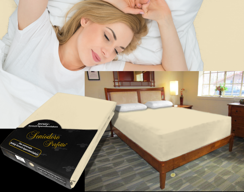 Collage: deep mattress dressed in sandy-beige jersey stretch sheet, sleeping person, retail packaging — color 26-sand
