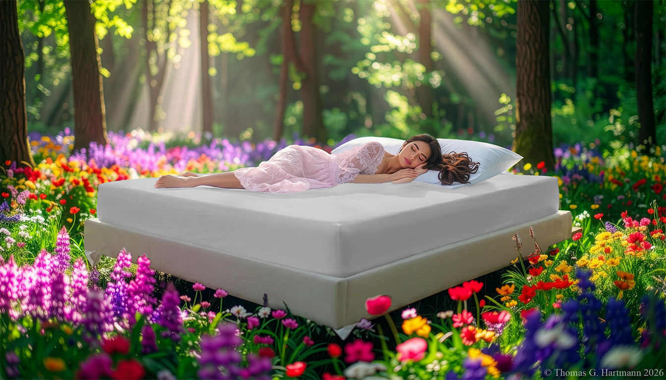 Fitted Jersey Knit stretch sheets in silver color with a woman relaxing on the mattress in a European wellness recreational park area, surrounded by vibrant spring wildflowers.