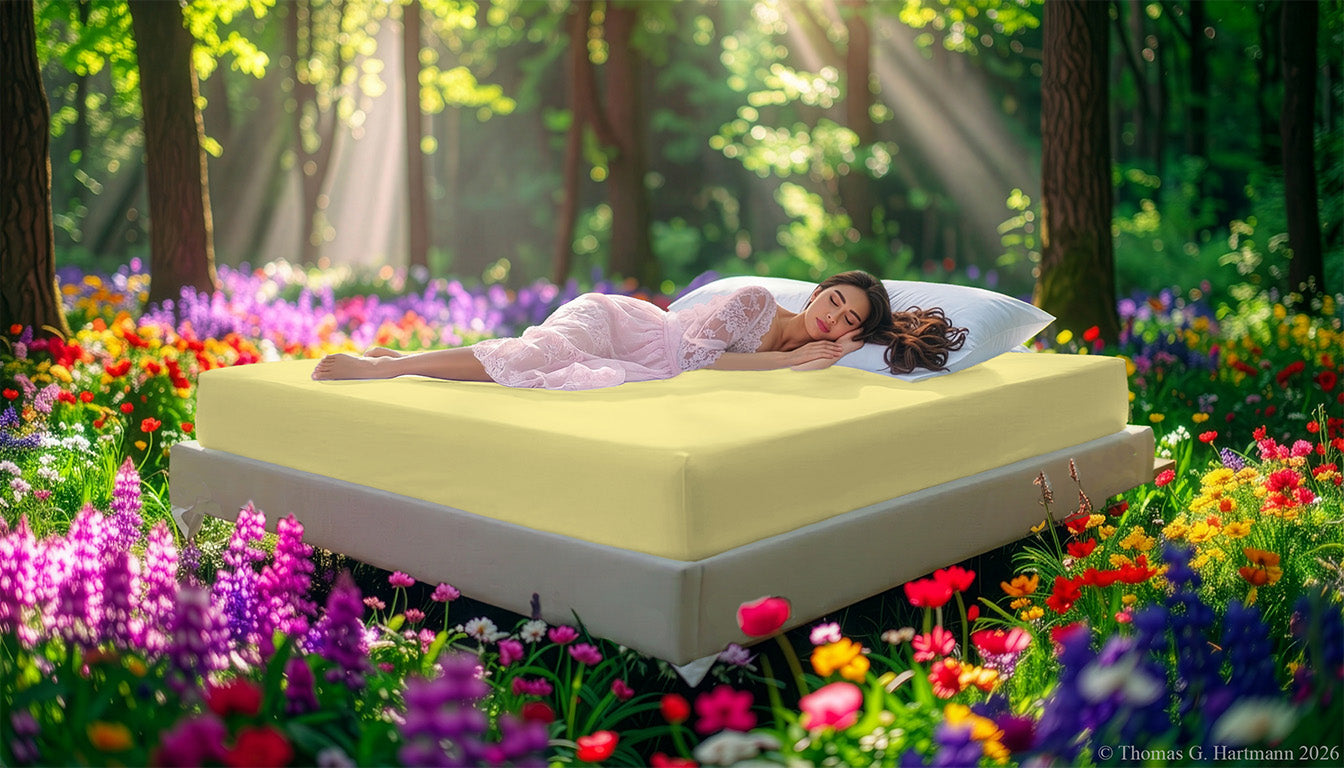 Fitted Jersey Knit stretch sheets in sun-yellow with a woman relaxing on the mattress in a European wellness recreational park area, surrounded by vibrant spring wildflowers.