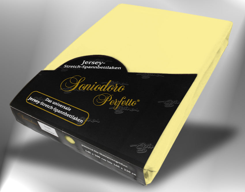 EGINO sun jersey knit stretch sheet (24-Sun) in retail packaging, under dim light
