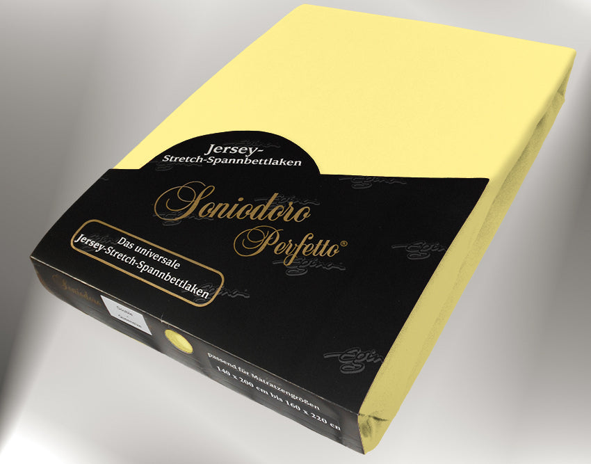 EGINO sun jersey knit stretch sheet (24-Sun) in retail packaging, under dim light