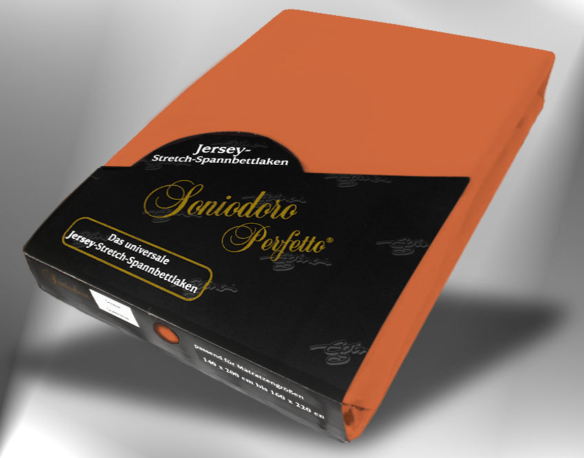 EGINO terracotta jersey knit stretch sheet (52-Terracotta) in retail packaging, under dim light
