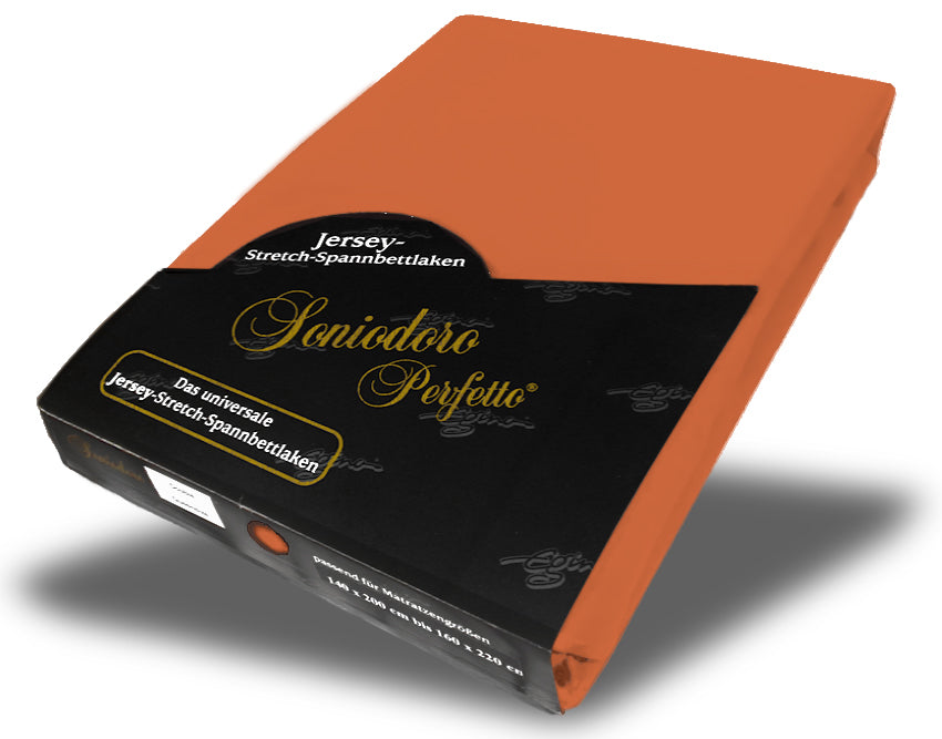 EGINO terracotta jersey knit stretch sheet (52-Terracotta) in retail packaging, on white background
