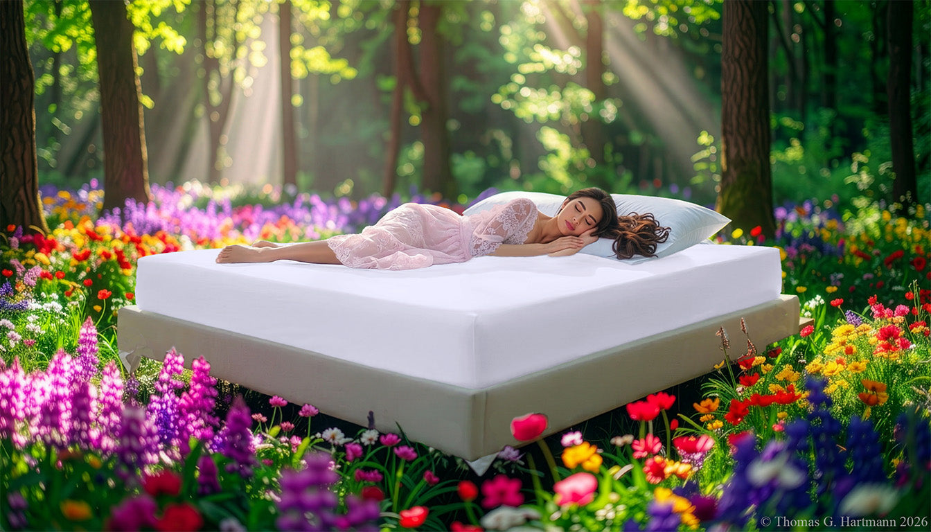 Fitted Jersey Knit stretch sheets in white with a woman relaxing on the mattress in a European wellness recreational park area, surrounded by vibrant spring wildflowers.