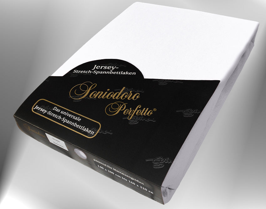 EGINO white jersey knit stretch sheet (21-White) in retail packaging, under dim light