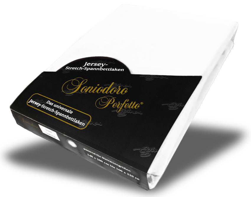 EGINO white jersey knit stretch sheet (21-White) in retail packaging, on white background
