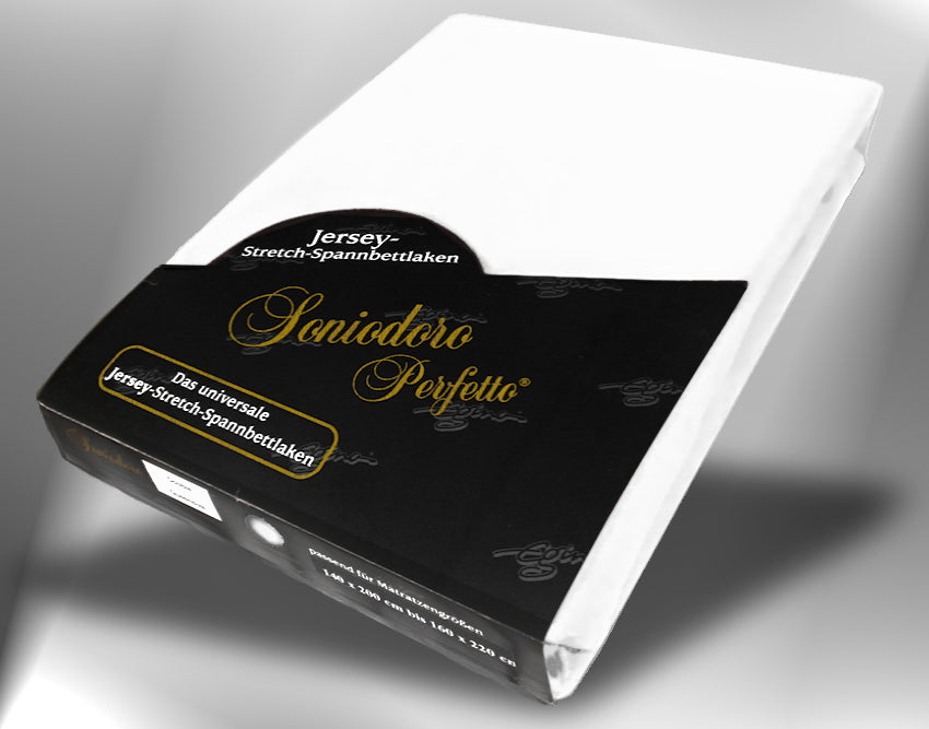 EGINO white jersey knit stretch sheet (21-White) in retail packaging, under dim light
