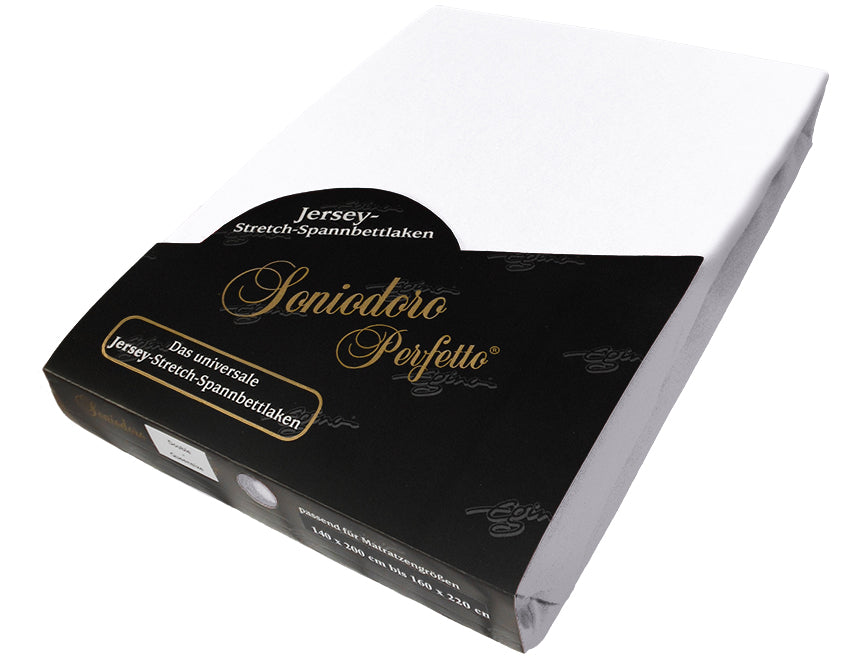 EGINO white jersey knit stretch sheet (21-White) in retail packaging, on white background